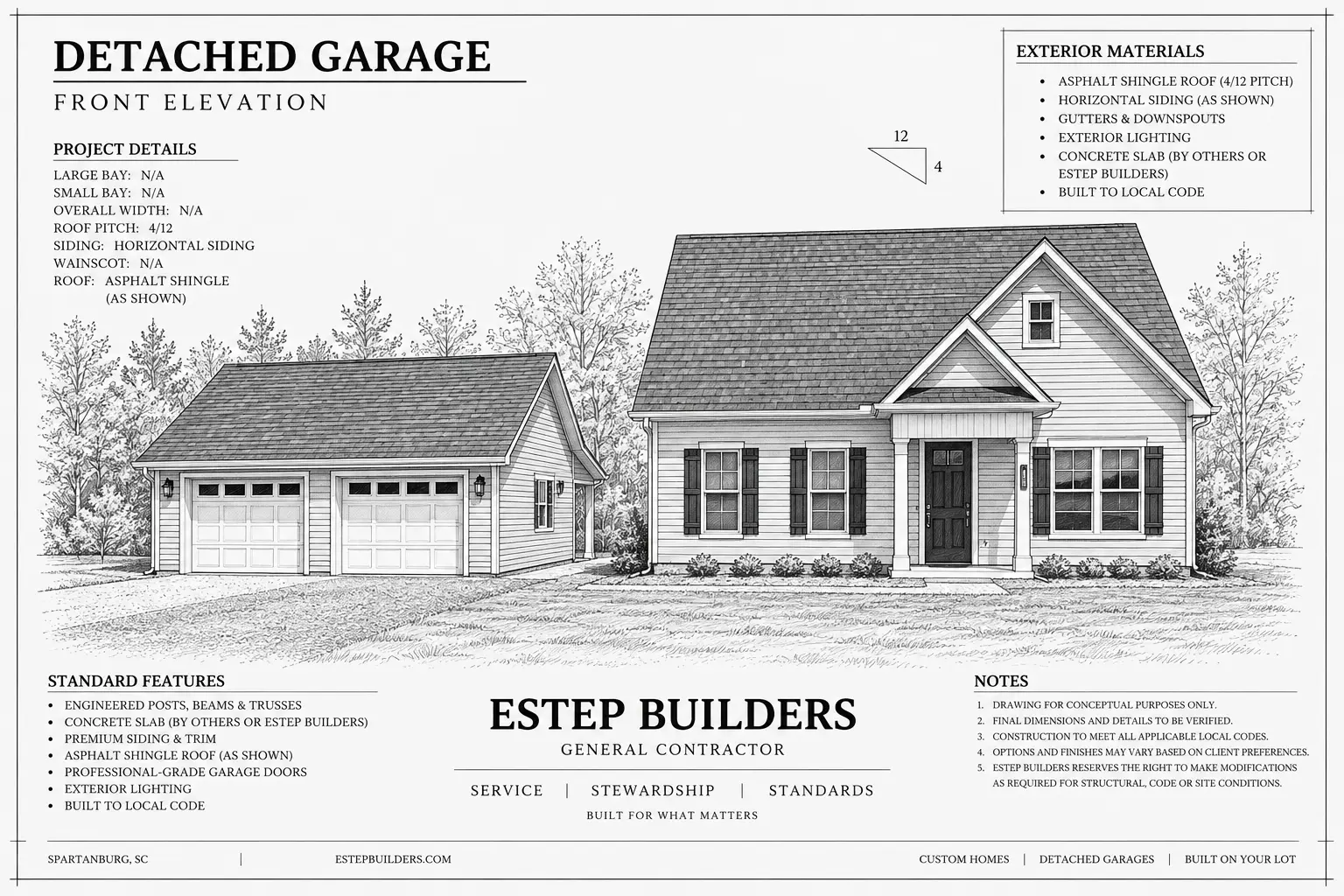 Front elevation drawing showing a home-matched two-bay detached garage