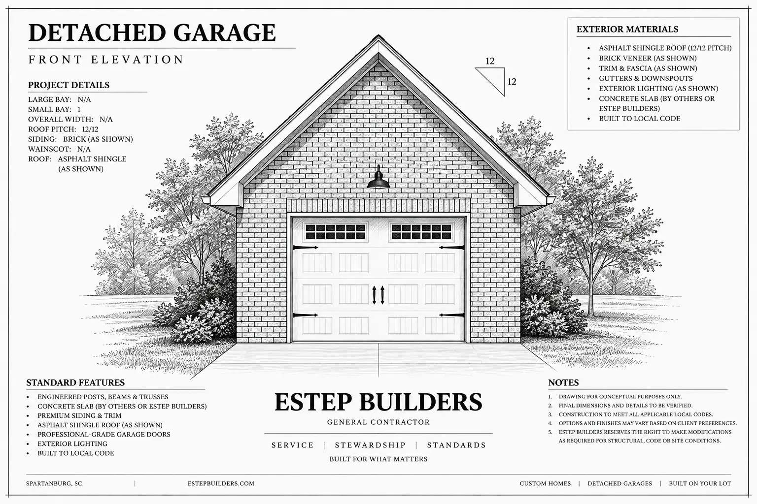 Front elevation drawing for a full-brick single-bay detached garage