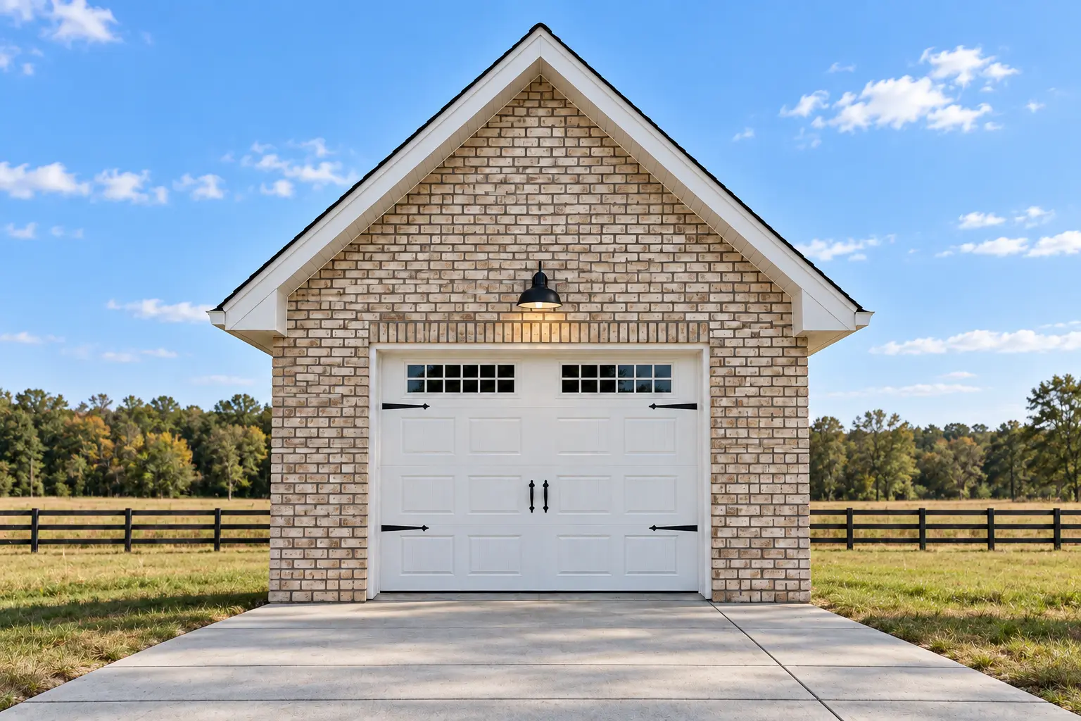 Completed single-bay detached garage with full light brick exterior and carriage door