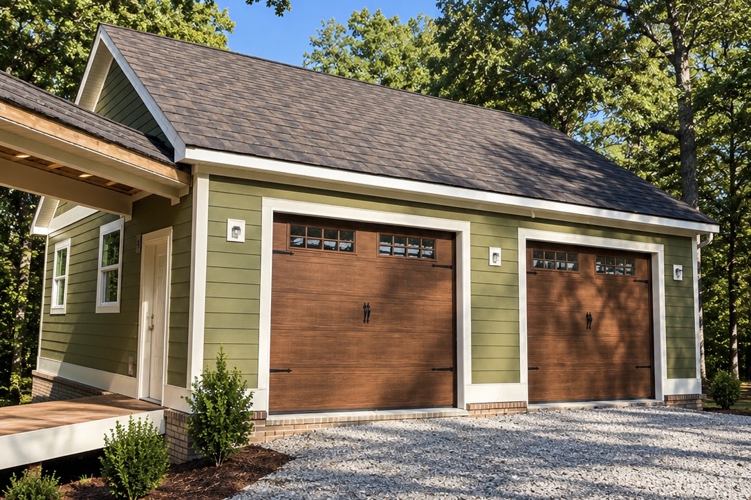 Detached garage with craftsman details and black hardware