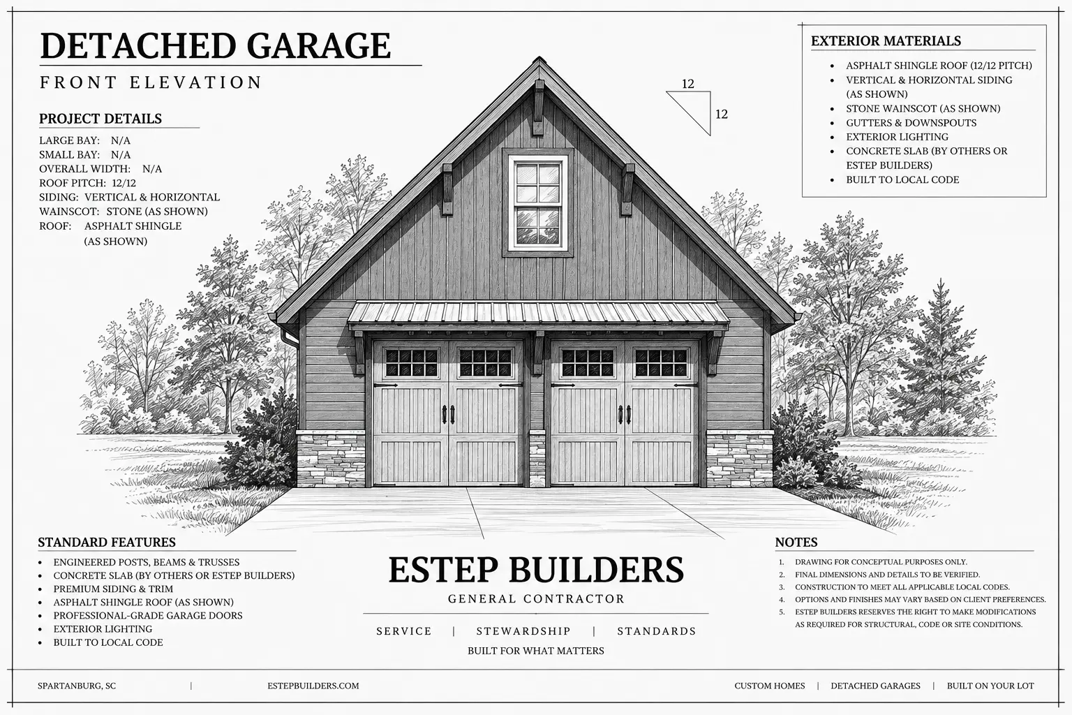 Front elevation drawing for a mountain craftsman two-bay detached garage