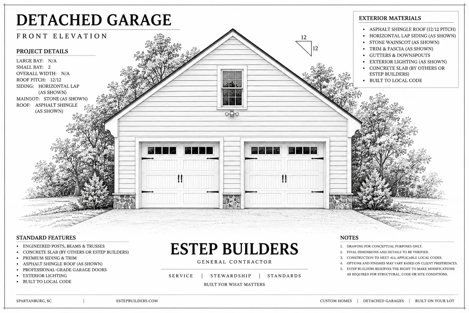 Front elevation drawing for a two-bay detached garage with stone base