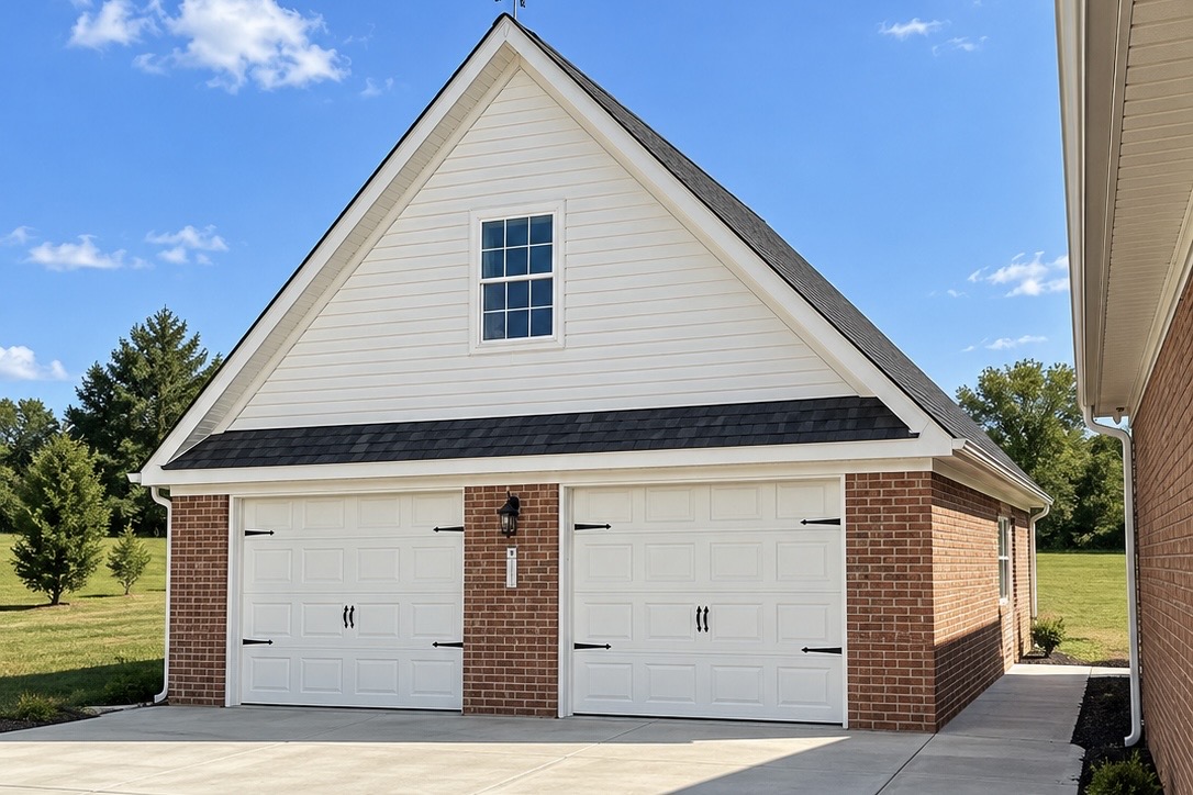 Completed brick two-bay detached garage with steep roof and loft window