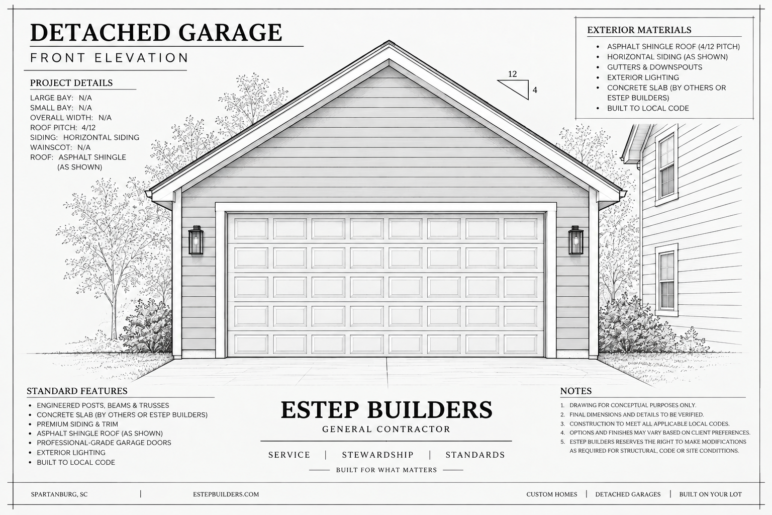Front elevation drawing for a classic single-bay detached garage