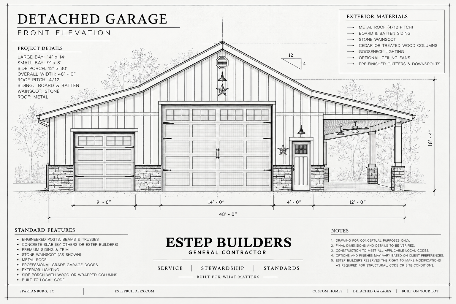 Front elevation drawing for a 48-foot-wide detached workshop garage