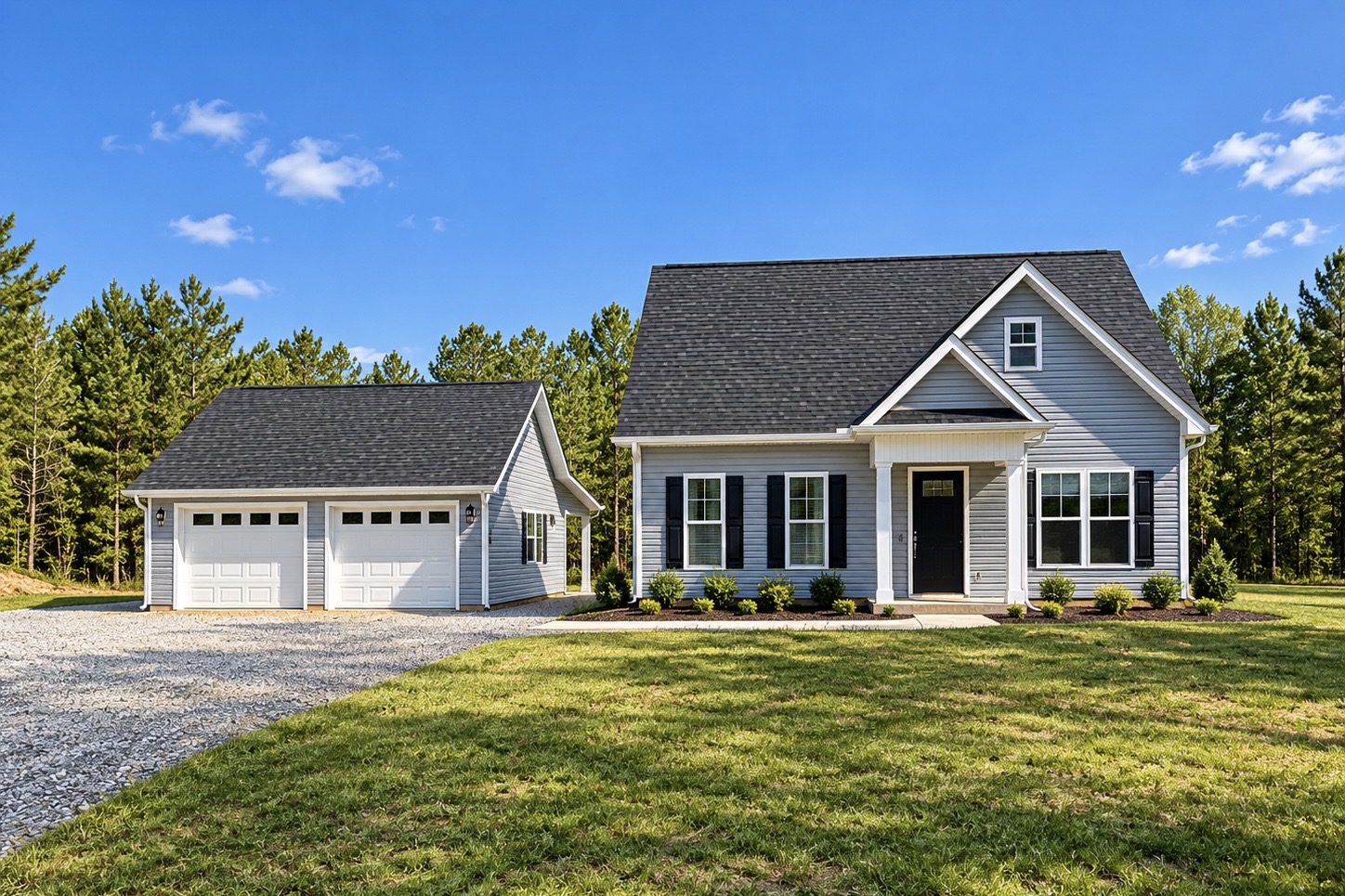 Completed gray two-bay detached garage designed to match the neighboring home