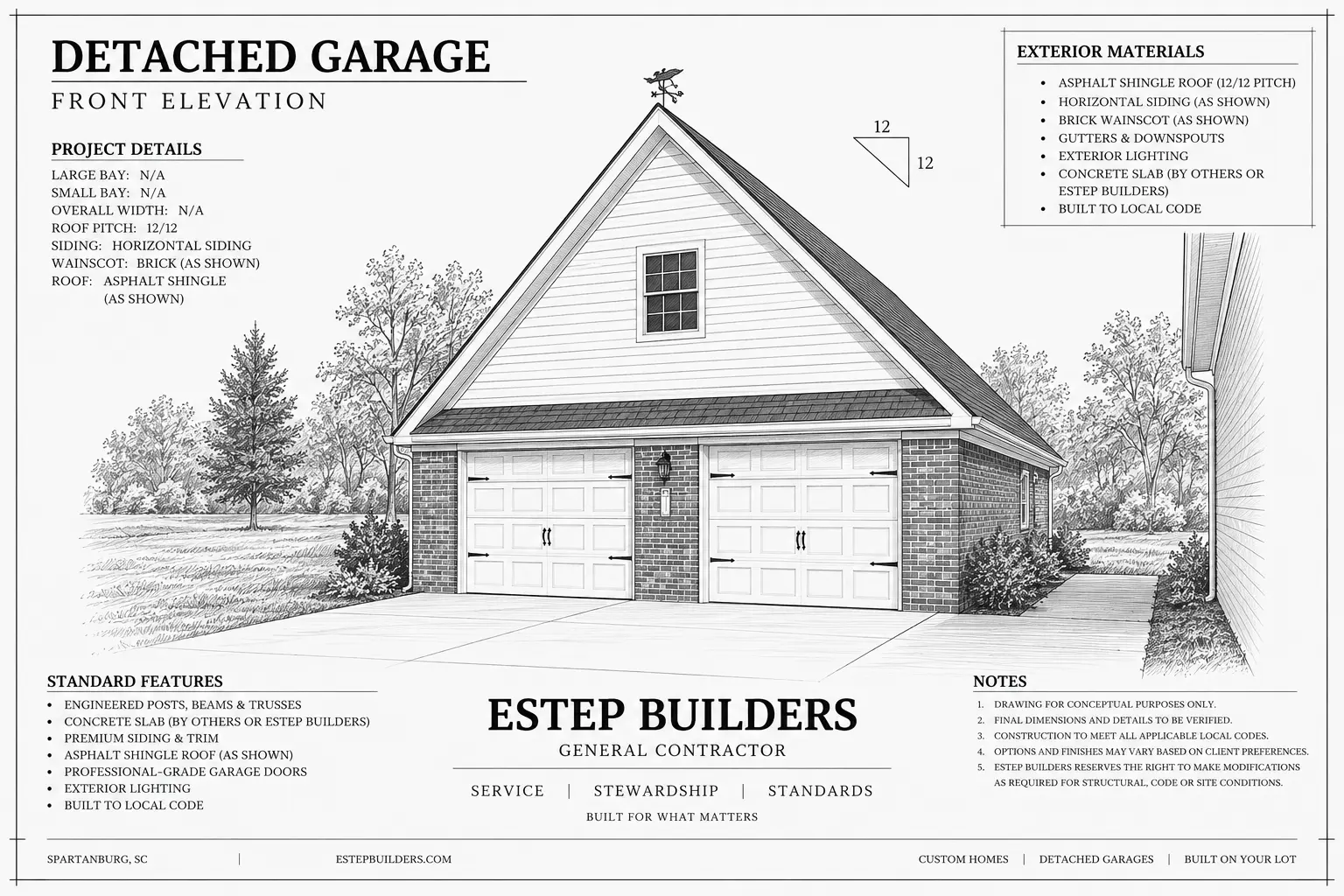 Front elevation drawing for a brick two-bay detached garage with loft