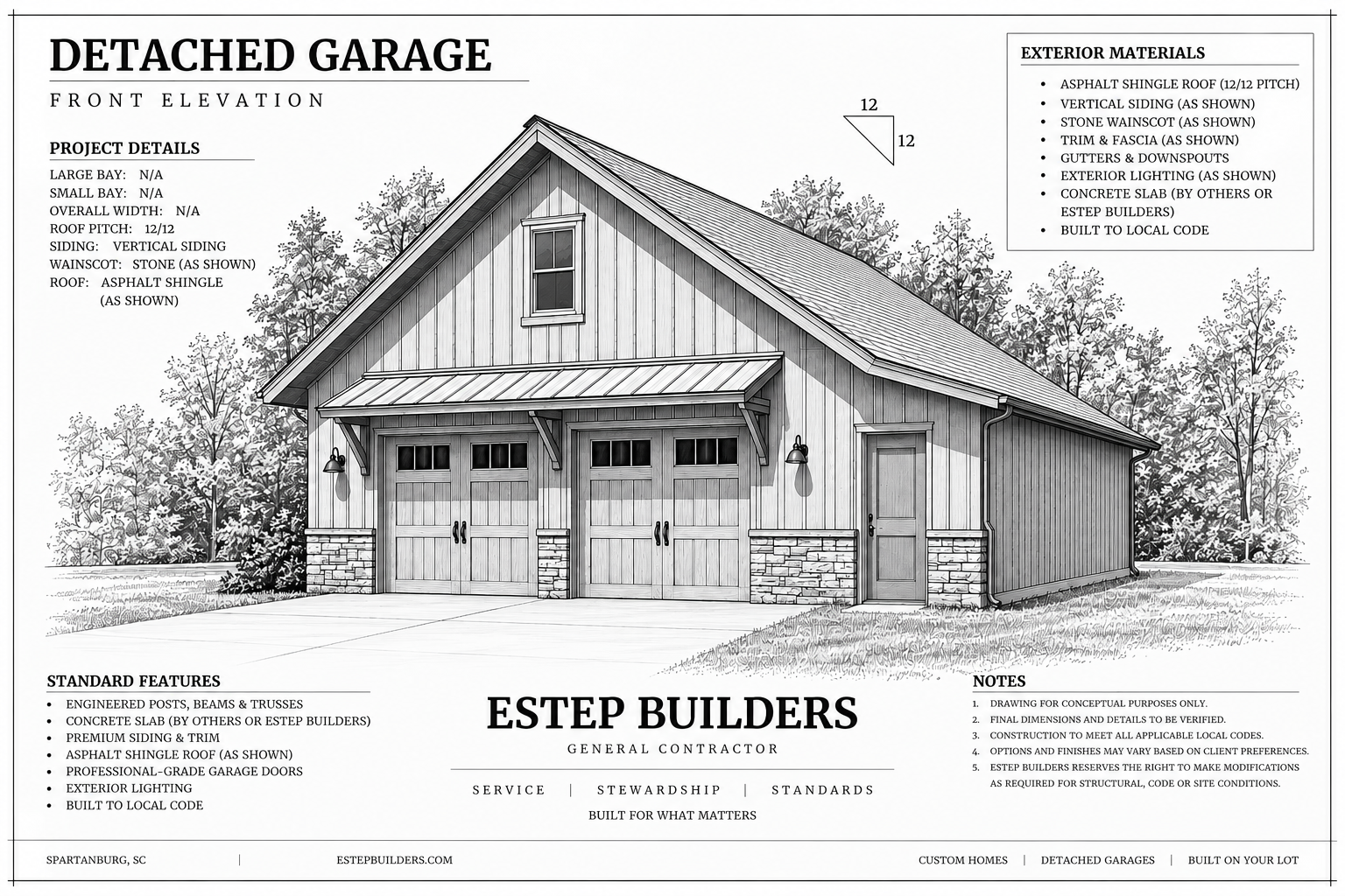 Front elevation drawing for a two-bay detached garage with board and batten siding, stone wainscot and timber-bracket awning