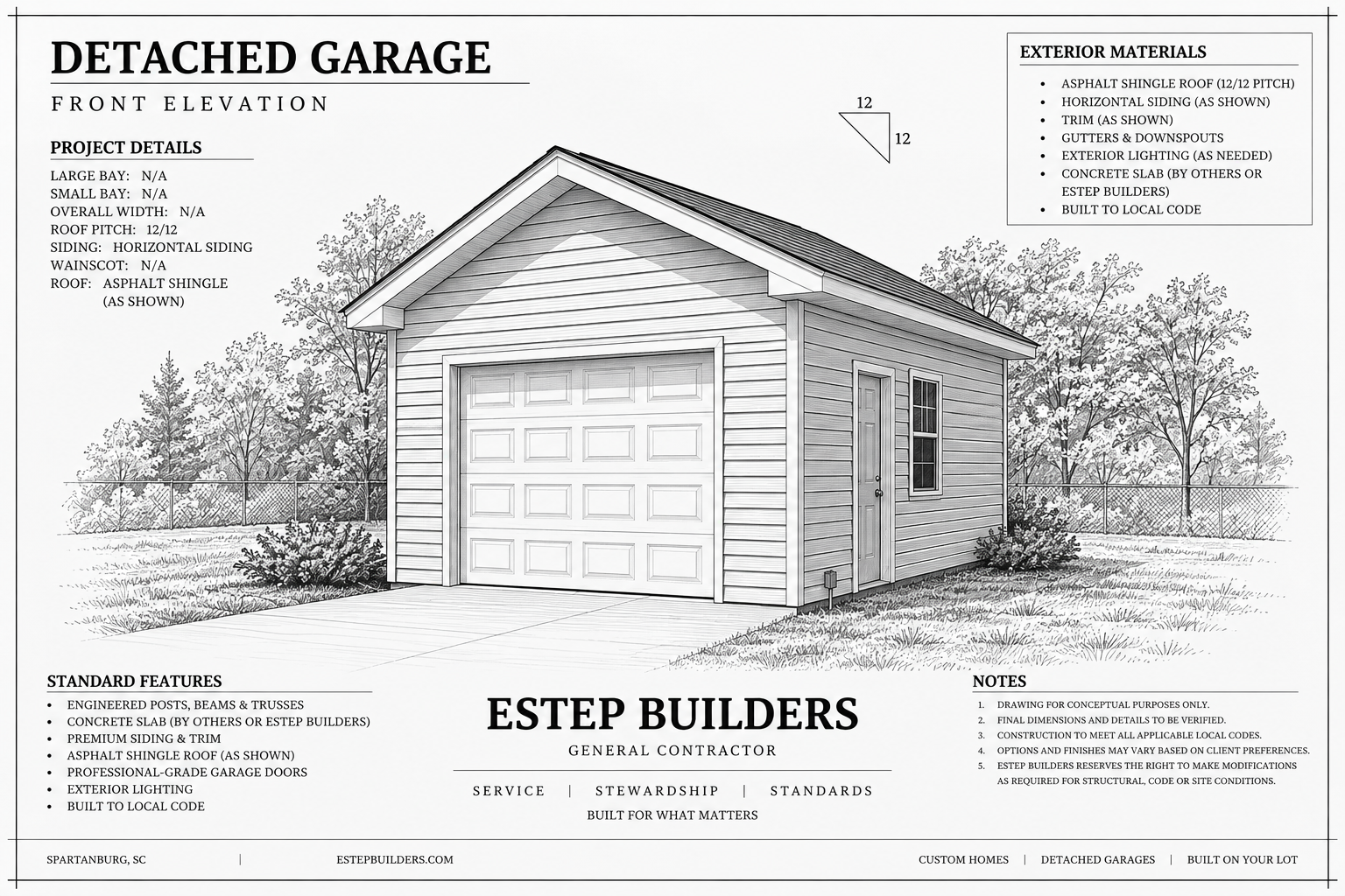 Front elevation drawing for a single-bay detached garage with horizontal lap siding and side entry door