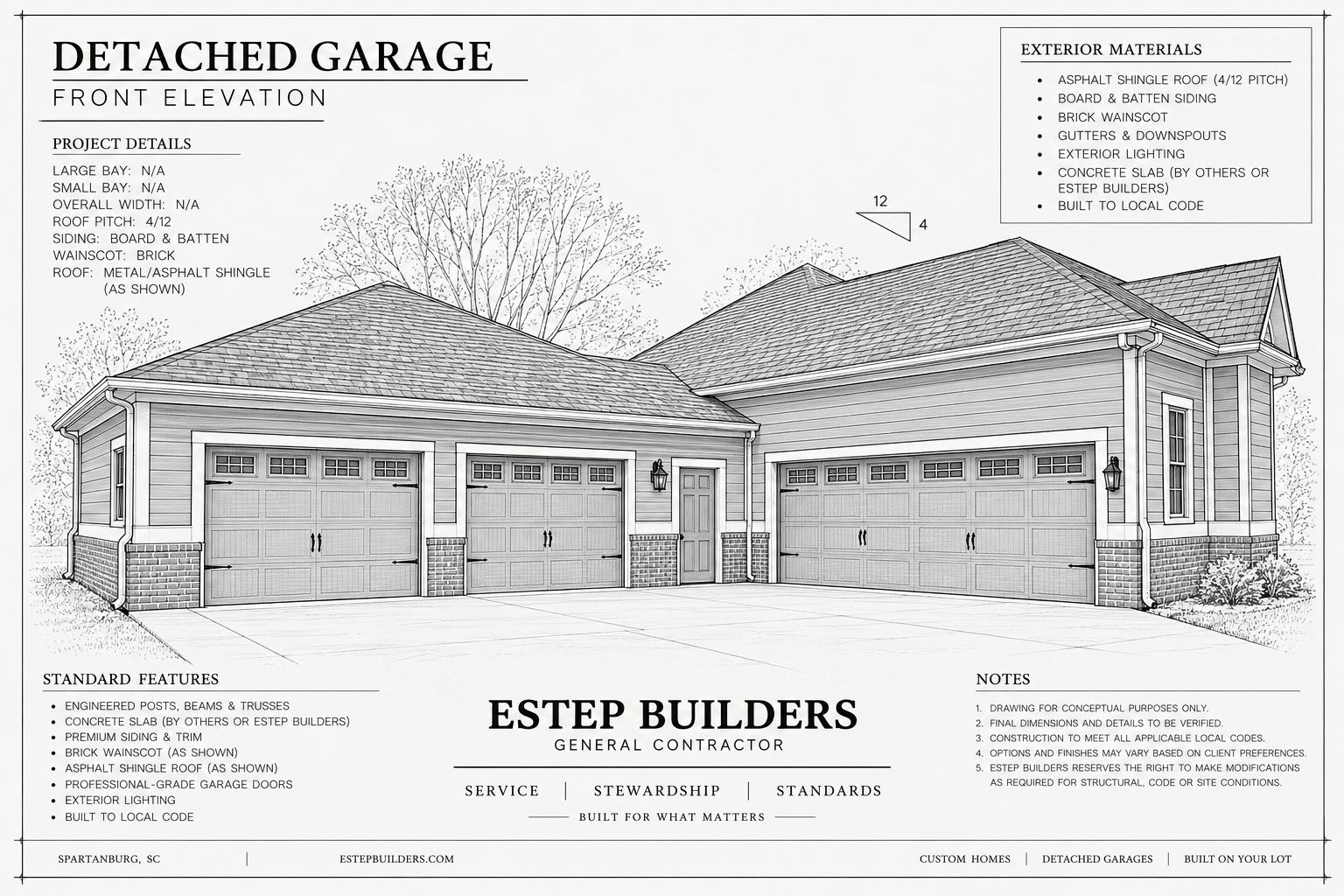 Perspective elevation drawing for a three-bay courtyard garage