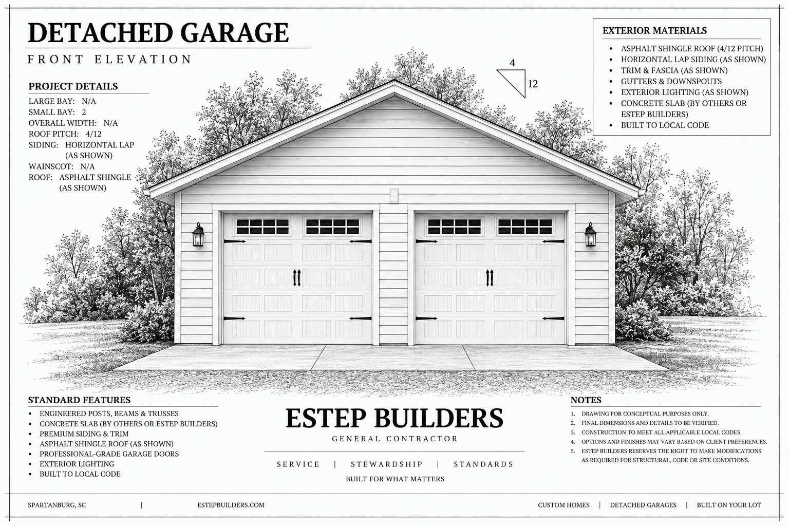 Front elevation drawing for a classic two-bay detached garage with a low-pitch gable roof
