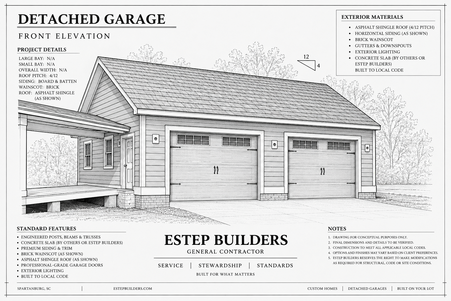 Perspective elevation drawing for a two-bay craftsman detached garage
