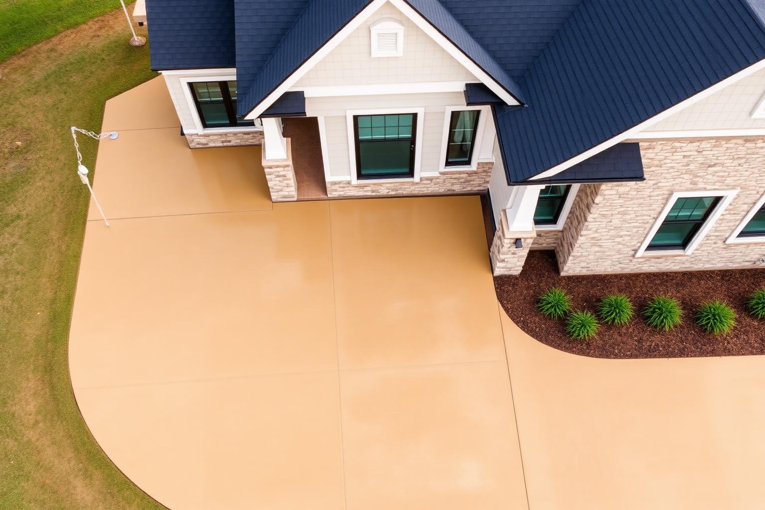 Long residential concrete driveway with clean edges approaching a three-car garage