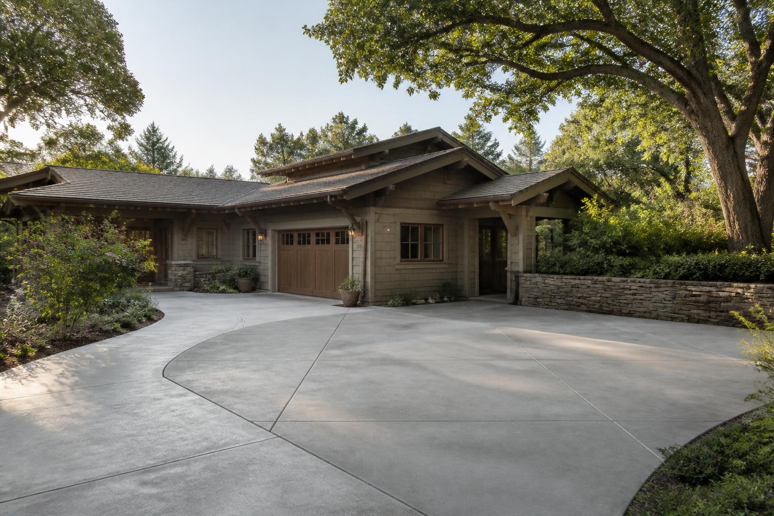 Wide concrete driveway with a turnaround area serving a craftsman home and garage