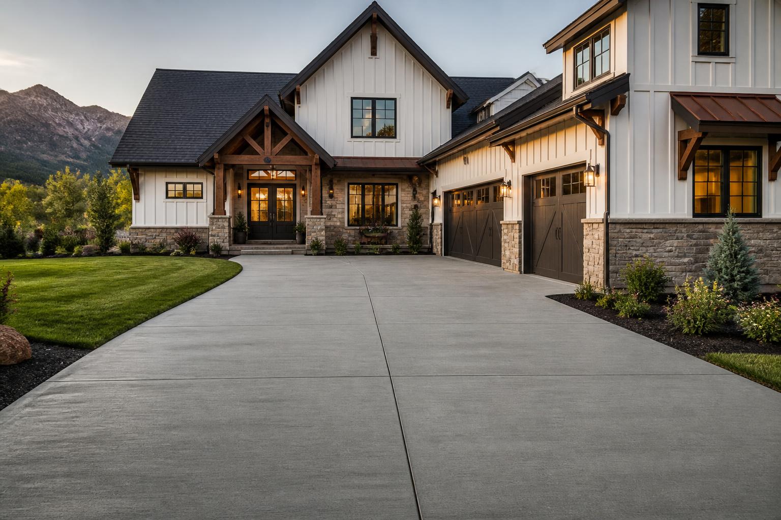 Freshly poured concrete driveway with crisp control joints in front of a craftsman home