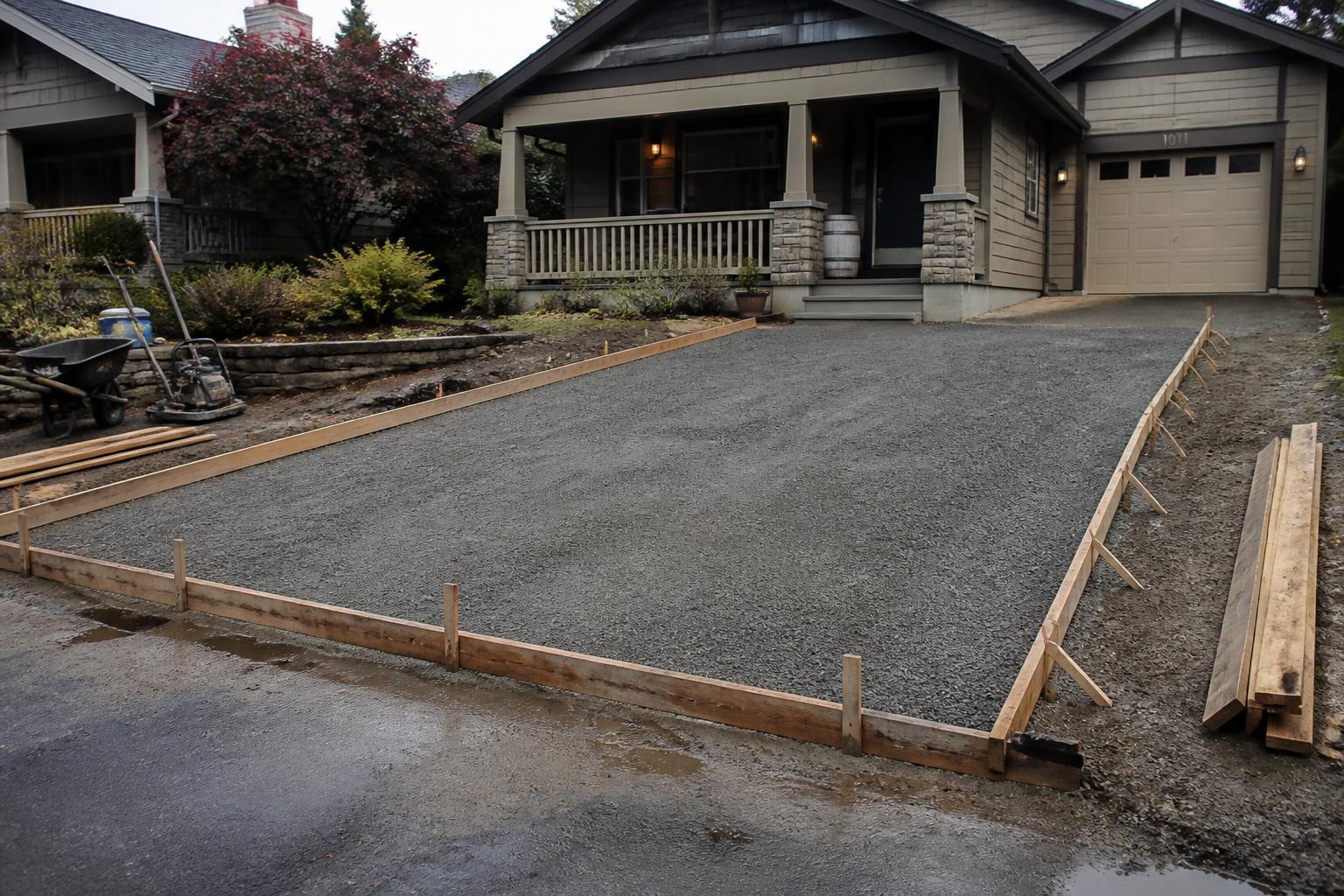Existing driveway removed, sub-base compacted and forms staked ready for a replacement pour