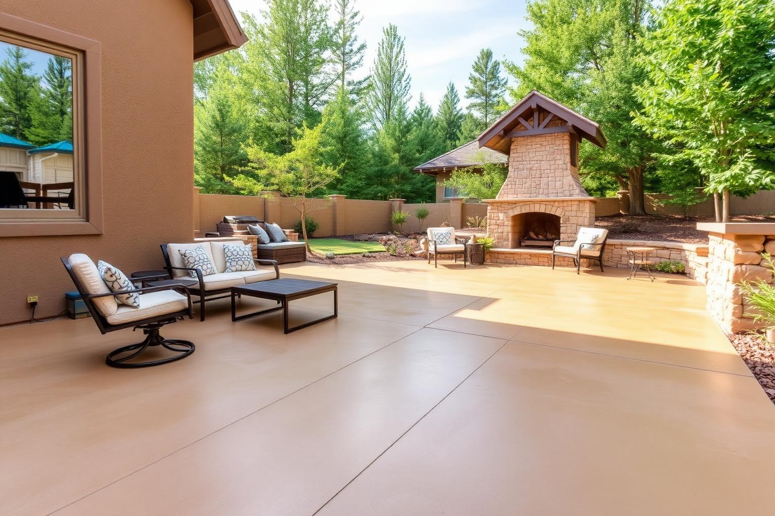 Broom-finished concrete patio at the back of a residential home