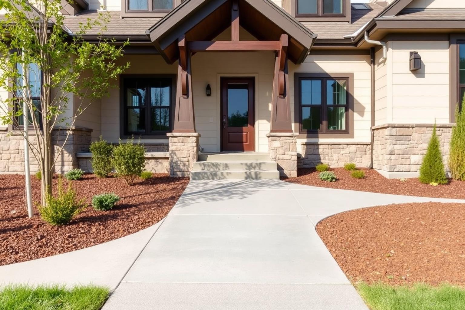 Concrete walkway leading from the driveway to a craftsman front porch