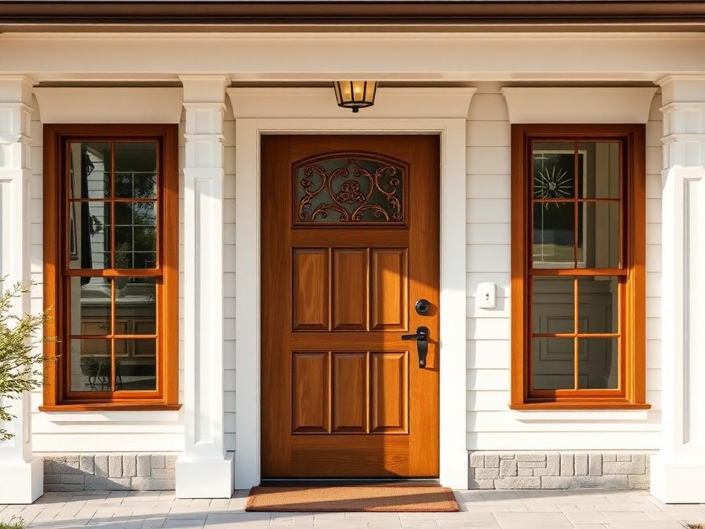 Farmhouse entry door with sidelights and custom trim SC