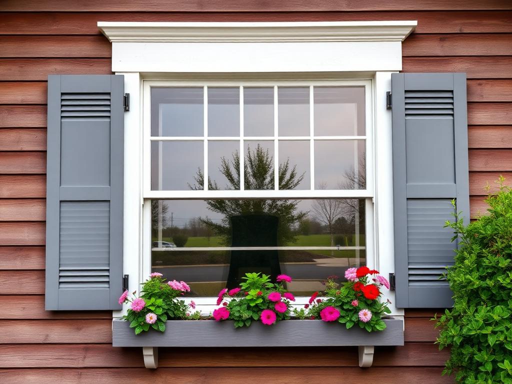 Farmhouse window trim with shutters and flower boxes SC