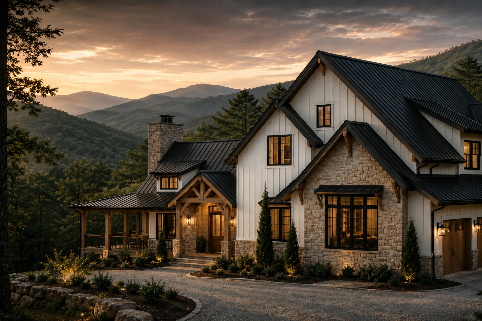 Timeless custom mountain home by Estep Builders at dusk