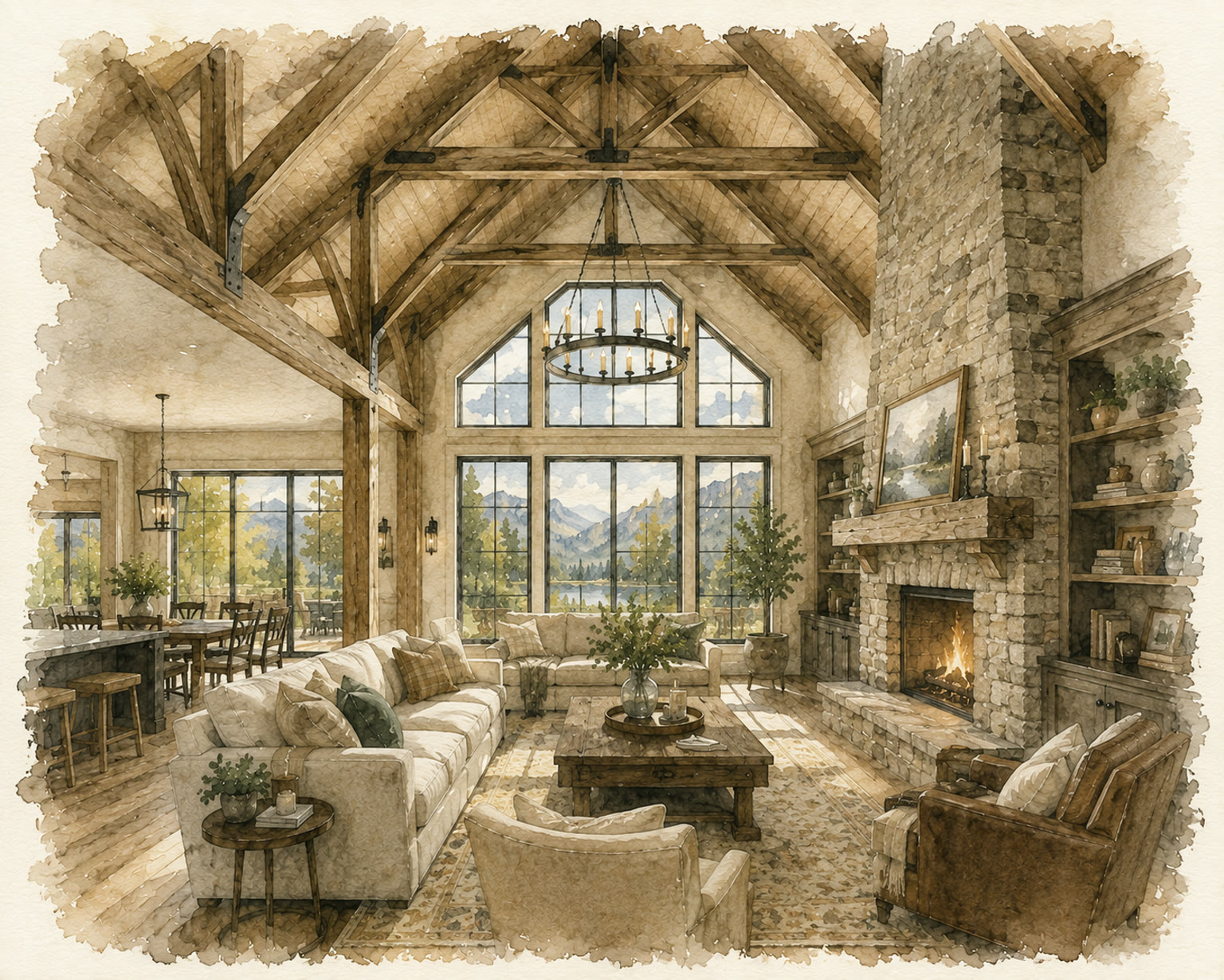 Elegant great room with vaulted ceiling and stone fireplace