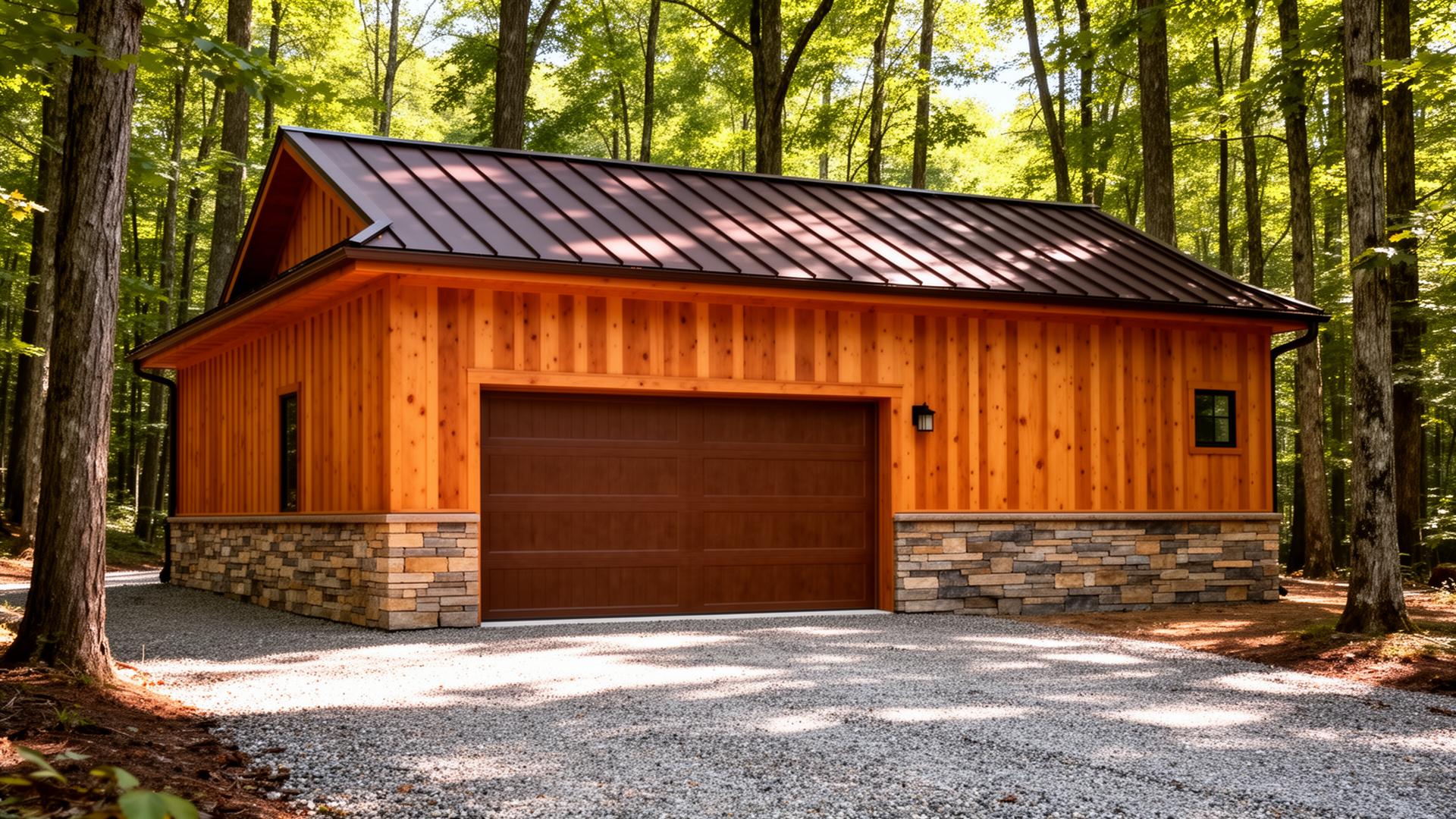 Cedar wood workshop garage with metal roof in wooded setting