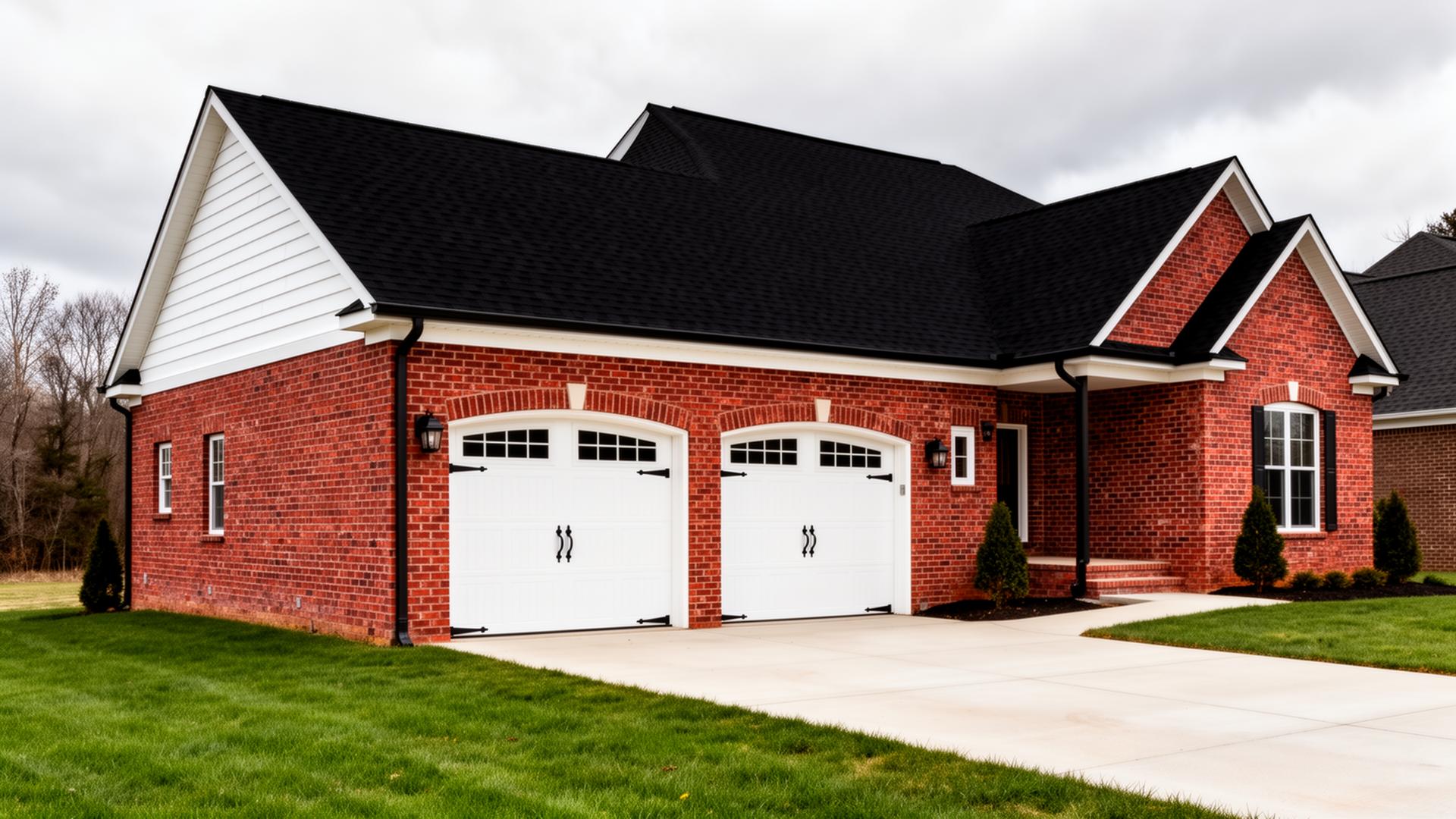 Traditional red brick two-car garage with white carriage doors
