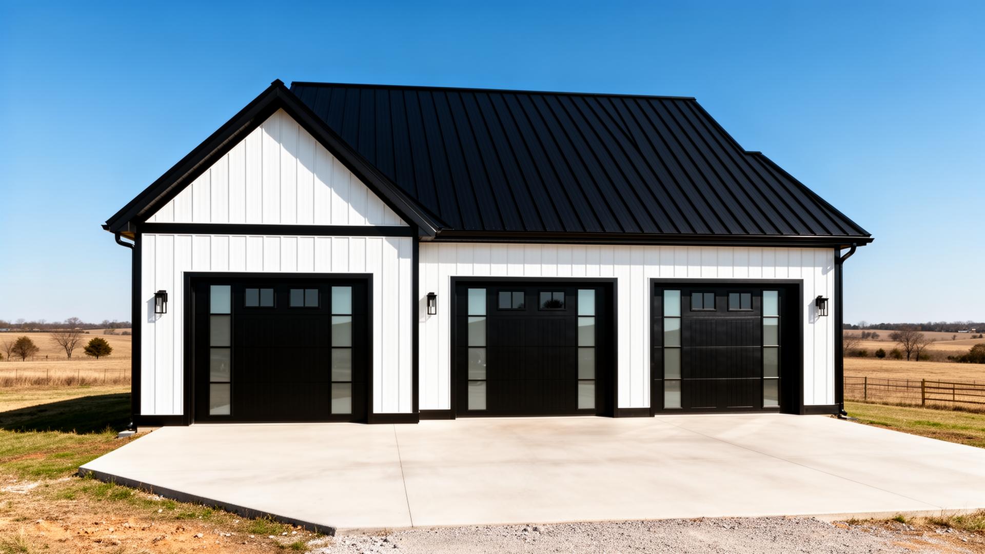 Modern farmhouse detached garage with black metal roof and white siding