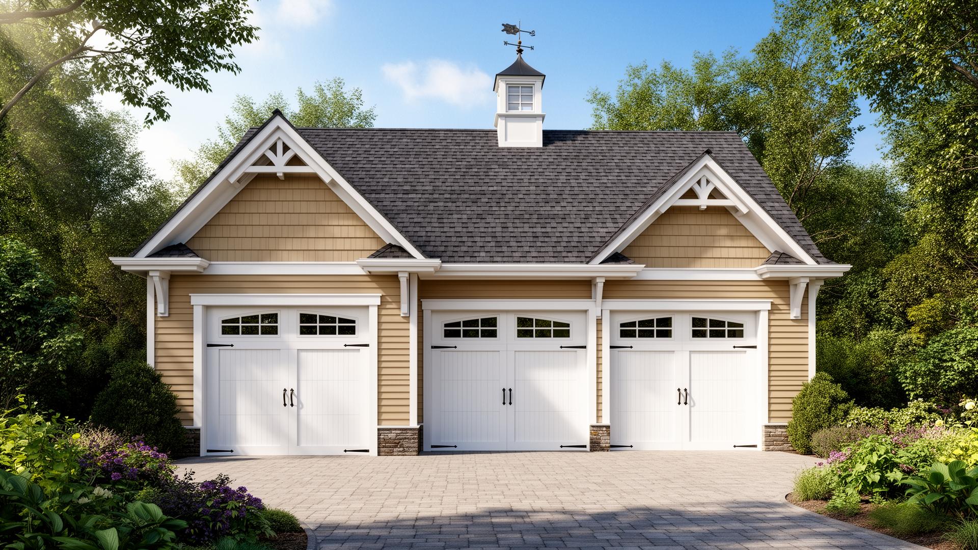 Craftsman three-car garage with cupola weathervane and tan siding