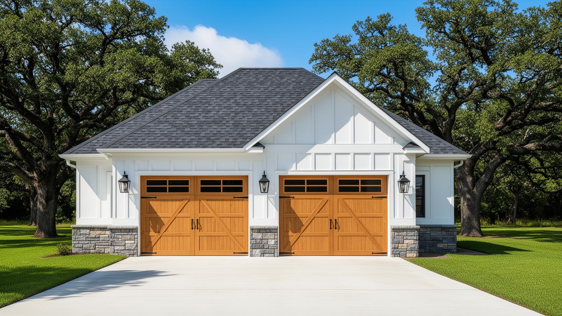 White board and batten garage with natural wood carriage doors and stone wainscoting