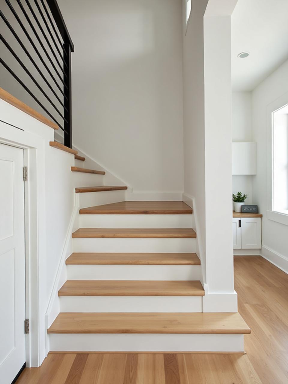 Farmhouse custom staircase with wood treads
